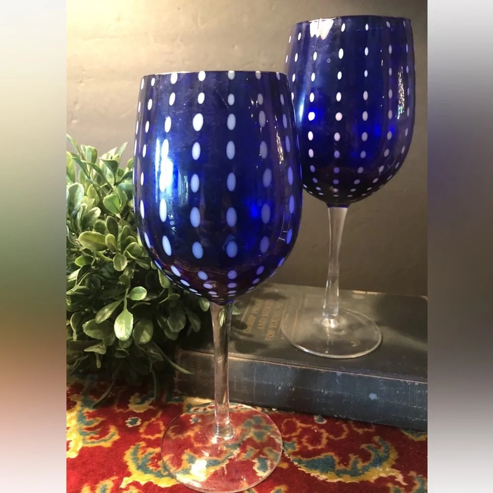 2 Artland Cambria‎ Cobalt Blue Pearl Dot Wine Water Glasses Excellent Condition